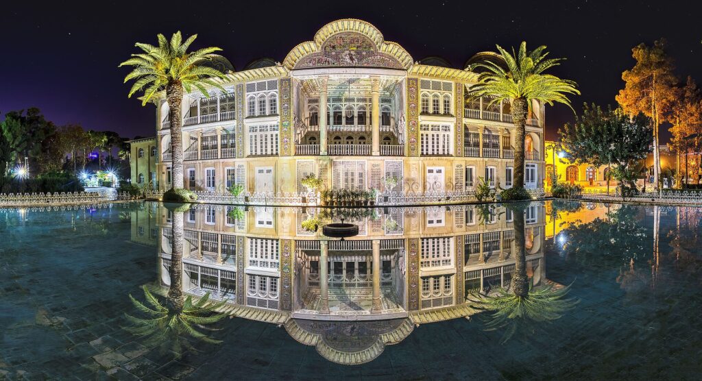 The pavilion reflected at night.