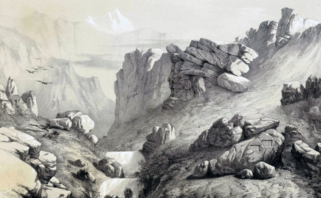 Ganjnameh as drawn by Eugène Flandin in 1840.