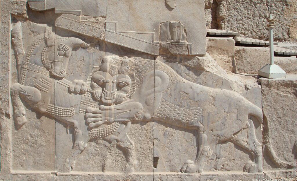 The lion and bull at Persepolis, often read as a symbol of the spring equinox.