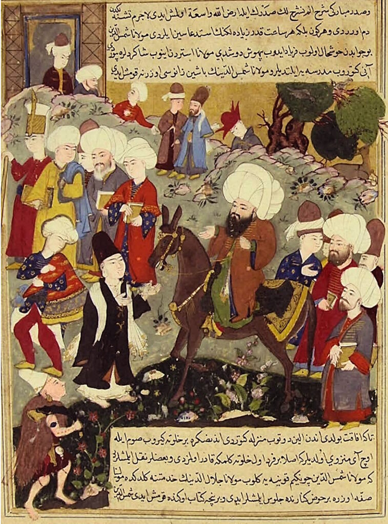Rumi meets Shams of Tabriz, from a 16th-century manuscript.