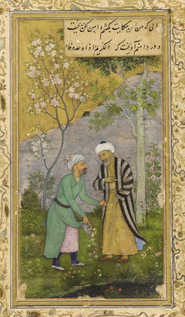 Saadi in a rose garden, from a Mughal manuscript of the Golestan.